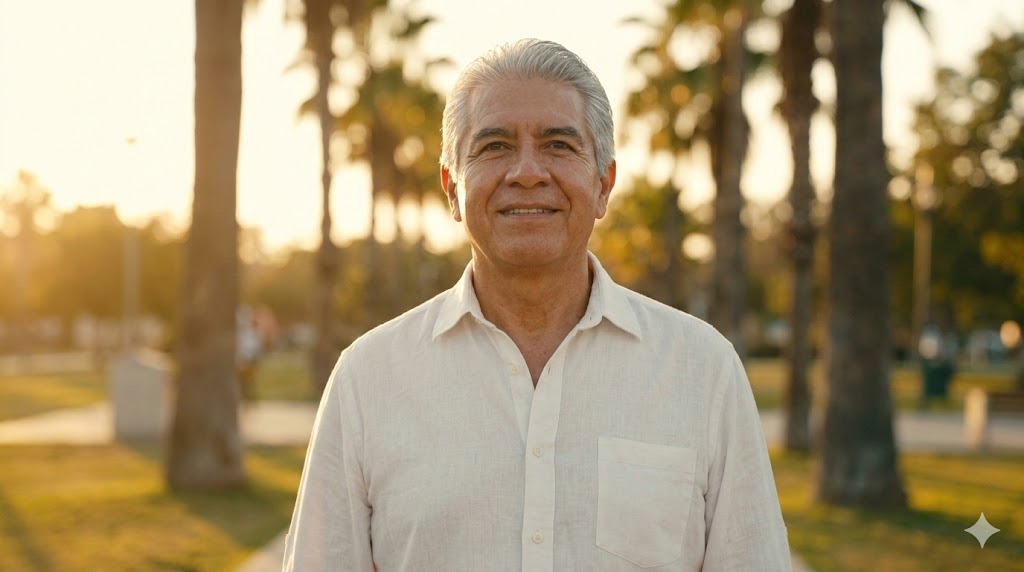 Hombre jubilado mexicano caminando activo en el parque para superar la depresión post-jubilación.
