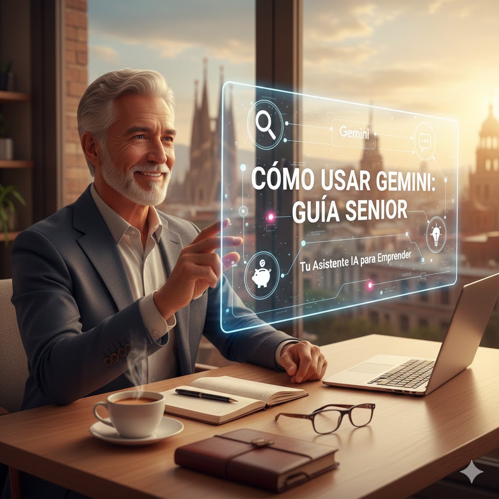 Emprendedor senior con canas usando la inteligencia artificial Gemini de Google en una oficina moderna con vistas a Barcelona para optimizar su negocio.