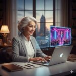 Emprendedora senior aprendiendo cómo usar IA para generar imágenes profesionales para su blog.