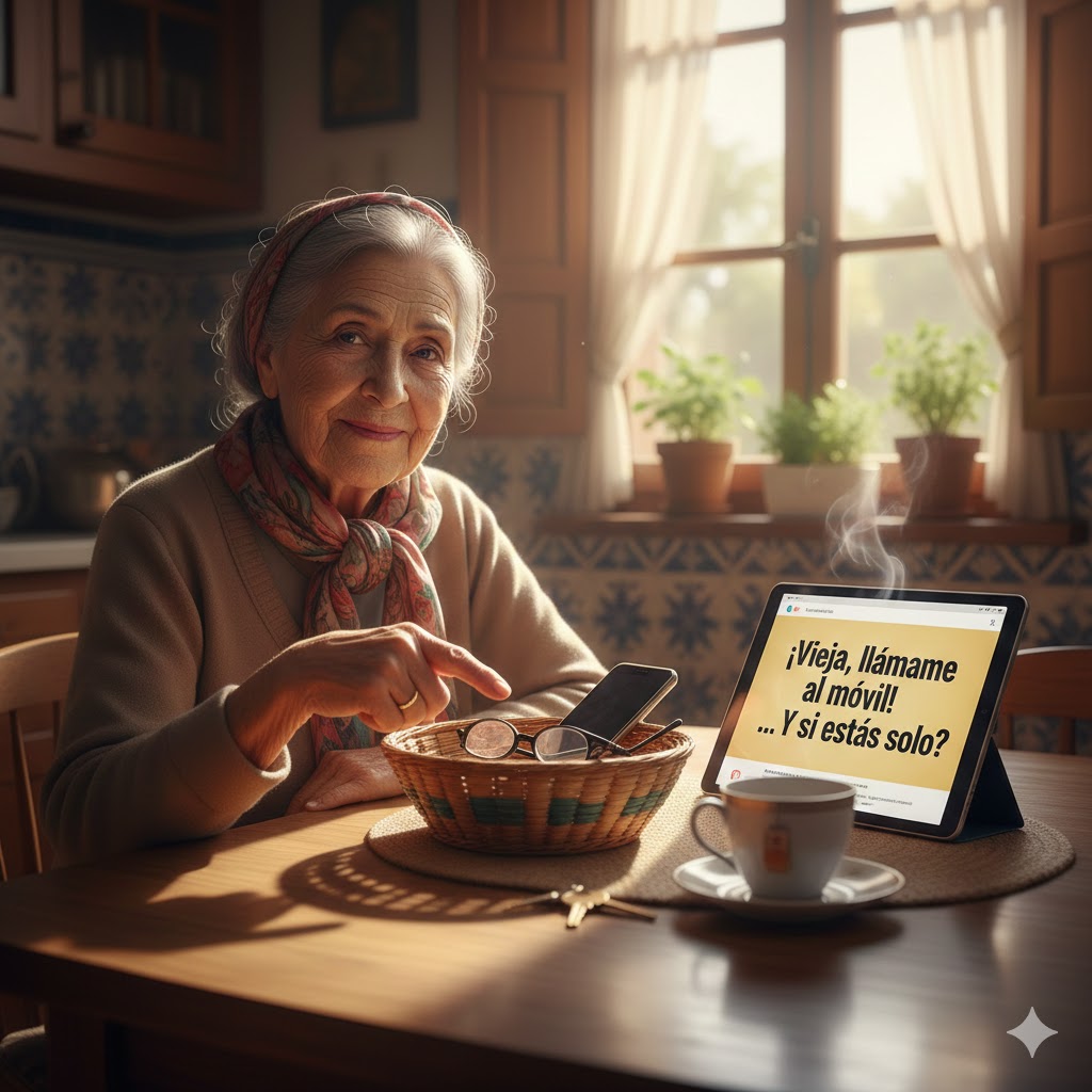Una abuela sonriente en una cocina rústica española señalando una cesta con su móvil y gafas para evitar olvidos y mejorar la memoria.