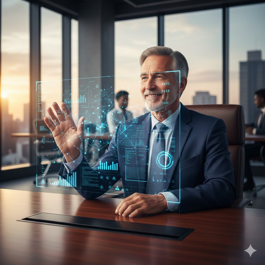 Un experto senior con traje azul interactuando con una pantalla holográfica de inteligencia artificial en una oficina moderna al atardecer.
