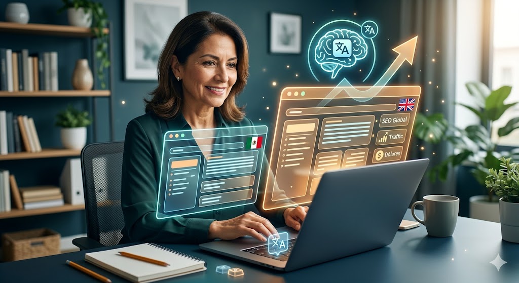 Una emprendedora senior utilizando inteligencia artificial para expandir su blog del mercado hispano al mercado anglosajón, mostrando iconos de traducción inteligente, crecimiento de tráfico global y ganancias en dólares.