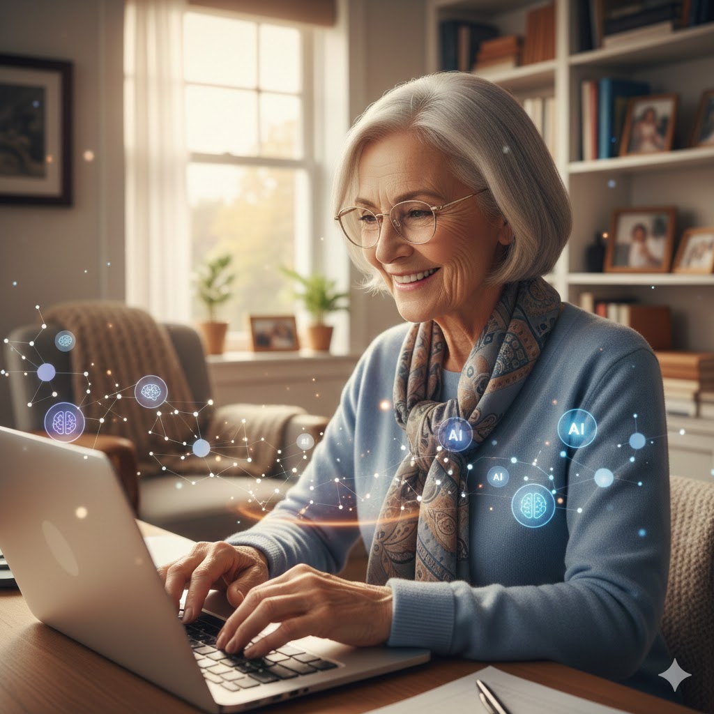 Mujer senior sonriente utilizando AGI para crear contenido digital tras la jubilación