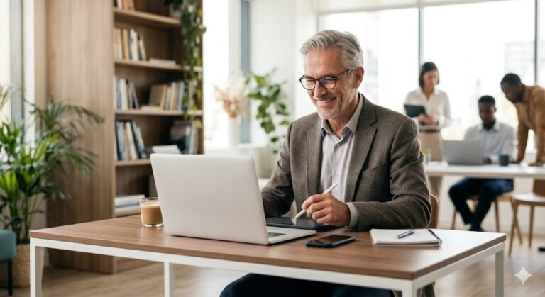 Un profesional senior sonriente trabajando en su laptop en una oficina moderna, representando el concepto de monetizar experiencia senior y crear activos digitales.