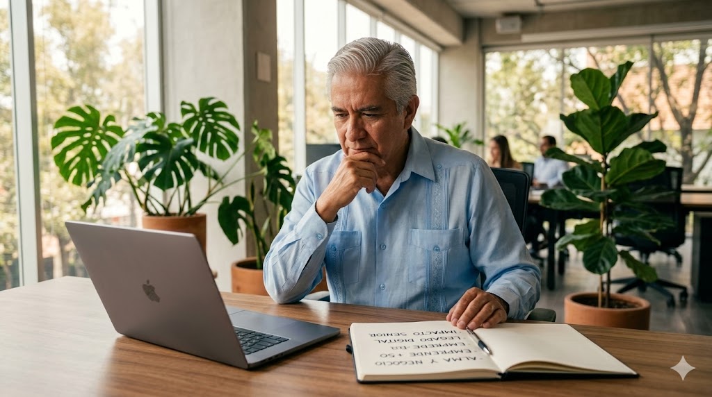 Blogger senior mexicano en su oficina, pensando y creando el nombre perfecto para su marca con técnica Naming.
