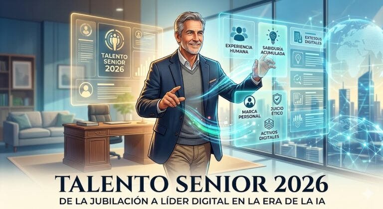 Un profesional mayor de aspecto confiable y cabello canoso, vistiendo un traje moderno, interactúa de forma experta con pantallas holográficas flotantes en una oficina con vista a la ciudad. Los hologramas muestran iconos y textos en español como "EXPERIENCIA HUMANA", "SABIDURÍA ACUMULADA" y "JUICIO ÉTICO". El texto principal en la parte inferior dice "TALENTO SENIOR 2026" y el subtítulo "DE LA JUBILACIÓN A LÍDER DIGITAL EN LA ERA DE LA IA", resaltando la transición de la jubilación al liderazgo digital.