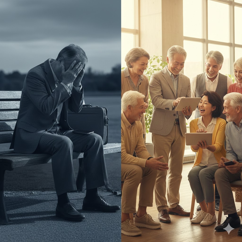 Comparación entre un jubilado solitario y un grupo de jubilados felices aprendiendo juntos.