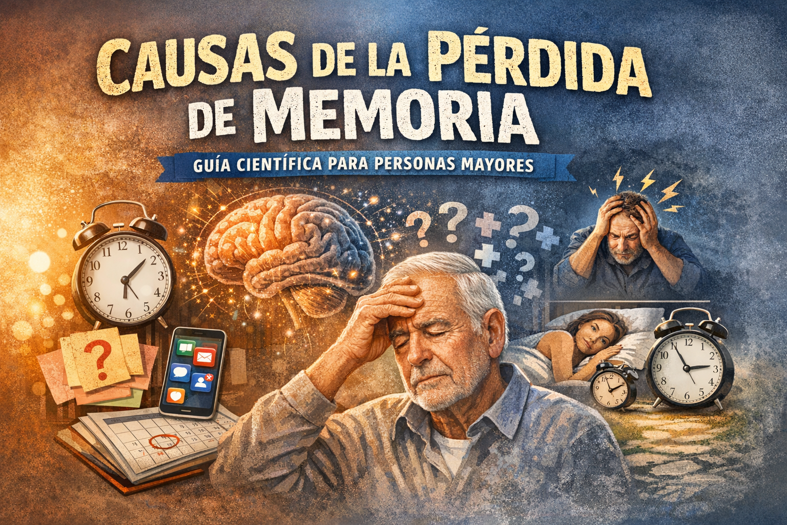 Ilustración digital que muestra las causas de la pérdida de memoria en personas mayores, con un cerebro, iconos de olvido, café y smartphone.