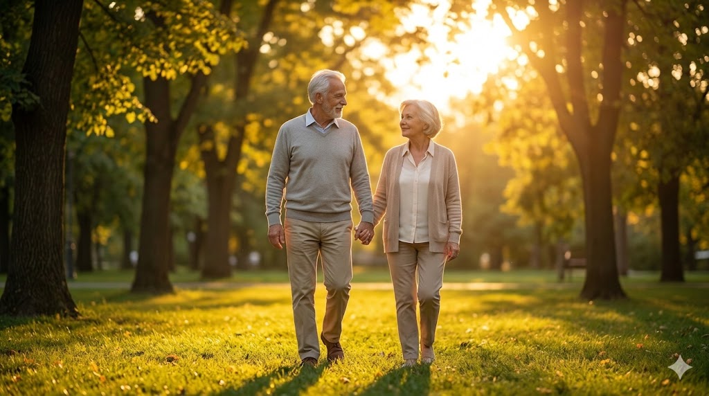 Hombre jubilado caminando felizmente con su esposa en un parque durante el atardecer para superar la depresión post-jubilación.