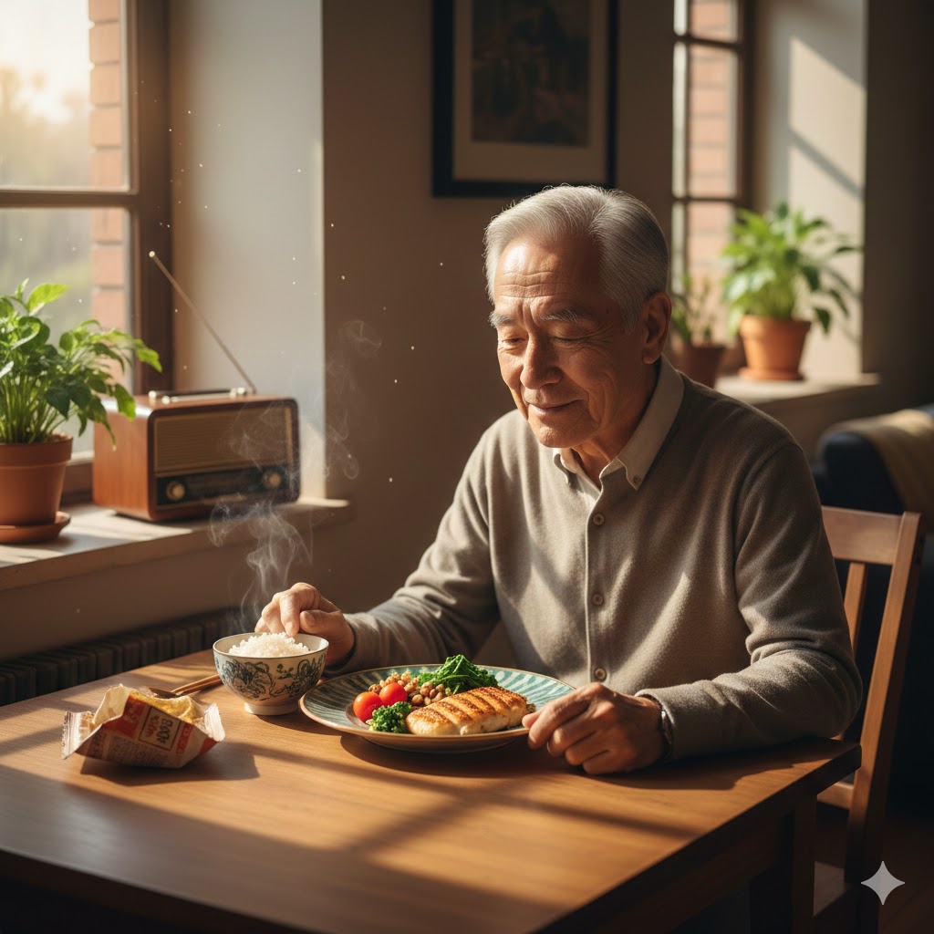 Un hombre senior disfrutando de una comida saludable y equilibrada en una mesa soleada para superar la soledad tras la jubilación.