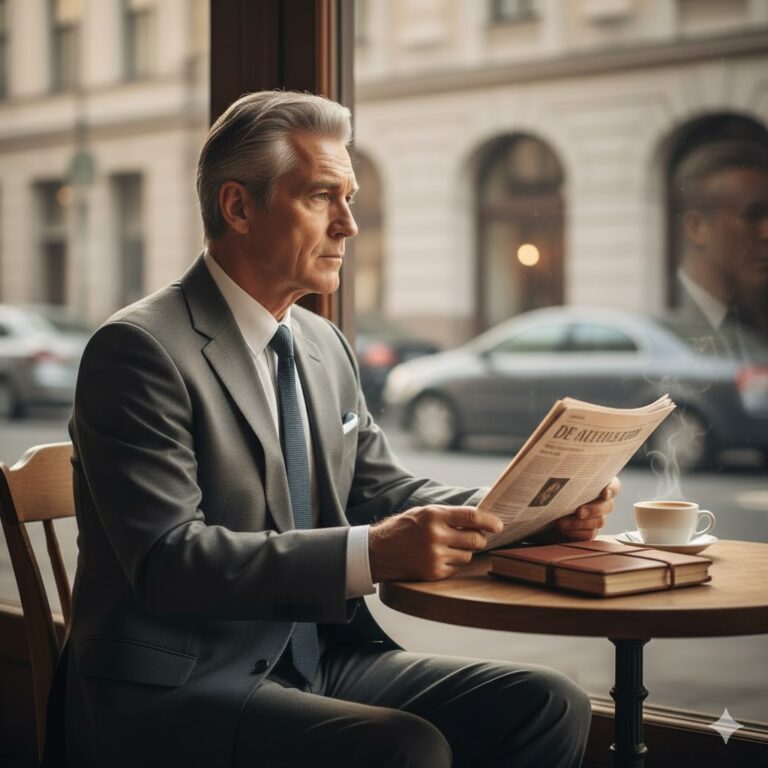 Un hombre jubilado sentado solo en un café mirando su teléfono, con su antiguo carné de empleado sobre la mesa y jóvenes oficinistas borrosos al fondo.