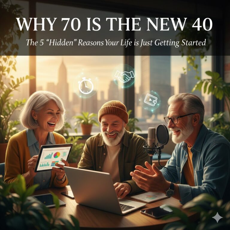Active seniors in their 70s collaborating in a modern office, showcasing why 70 is the new 40 and how life changes after 70.