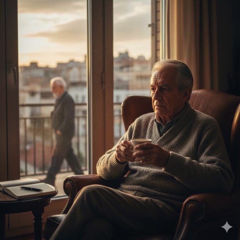 Un hombre jubilado sentado en un sillón de cuero junto a la ventana, sosteniendo una taza de té y mirando pensativo hacia el atardecer, representando la soledad tras el retiro.