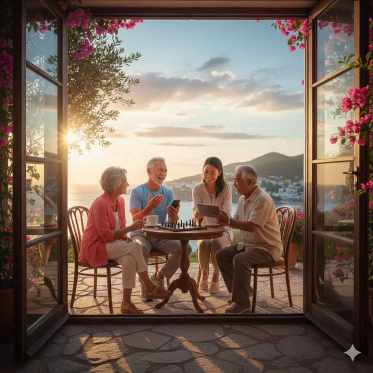 Un grupo de jubilados de diferentes edades conversando alegremente en una terraza, representando las relaciones tras la jubilación y la conexión intergeneracional.