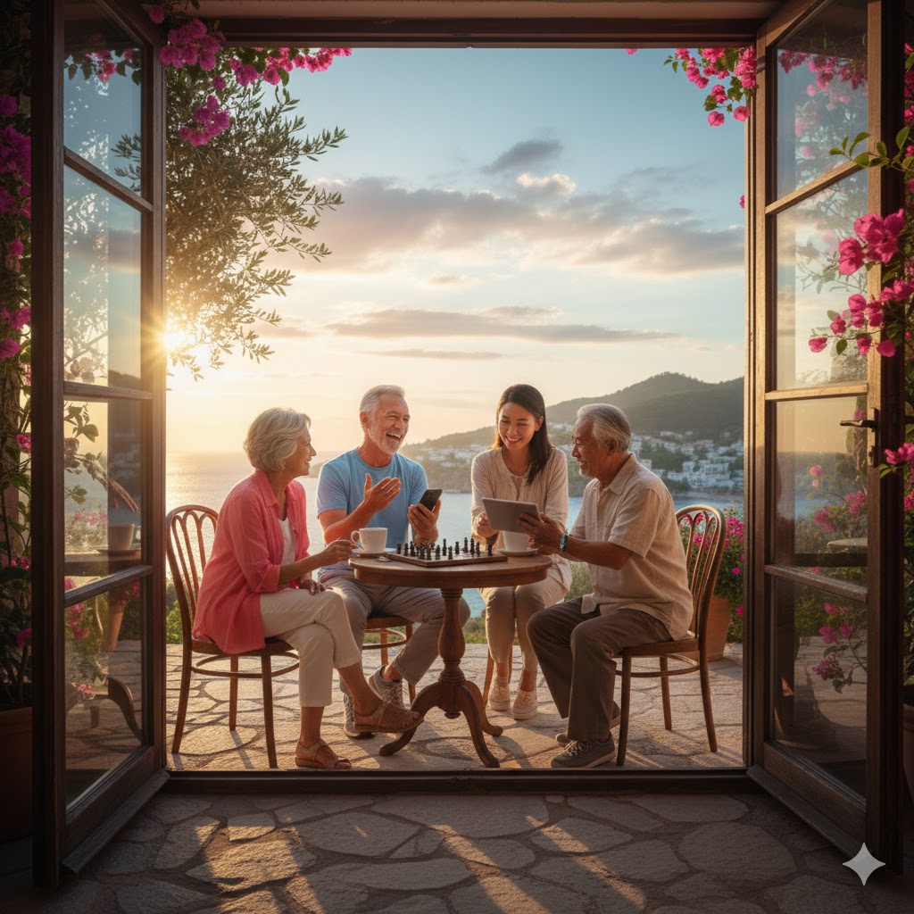 Un grupo de jubilados de diferentes edades conversando alegremente en una terraza, representando las relaciones tras la jubilación y la conexión intergeneracional.