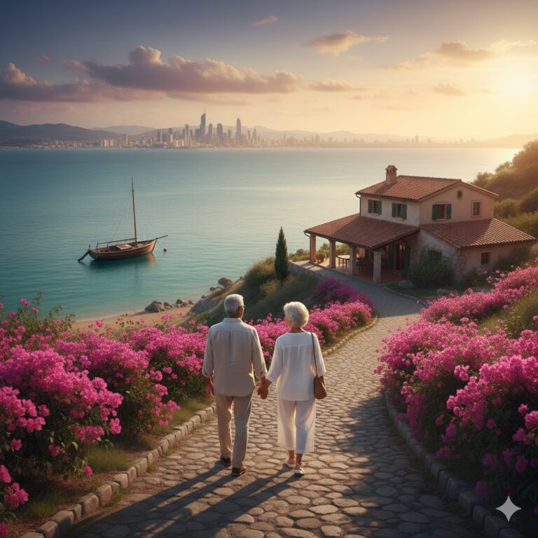 Pareja de jubilados caminando juntos por un sendero hacia el mar, representando la armonía y superación de la soledad tras la jubilación.