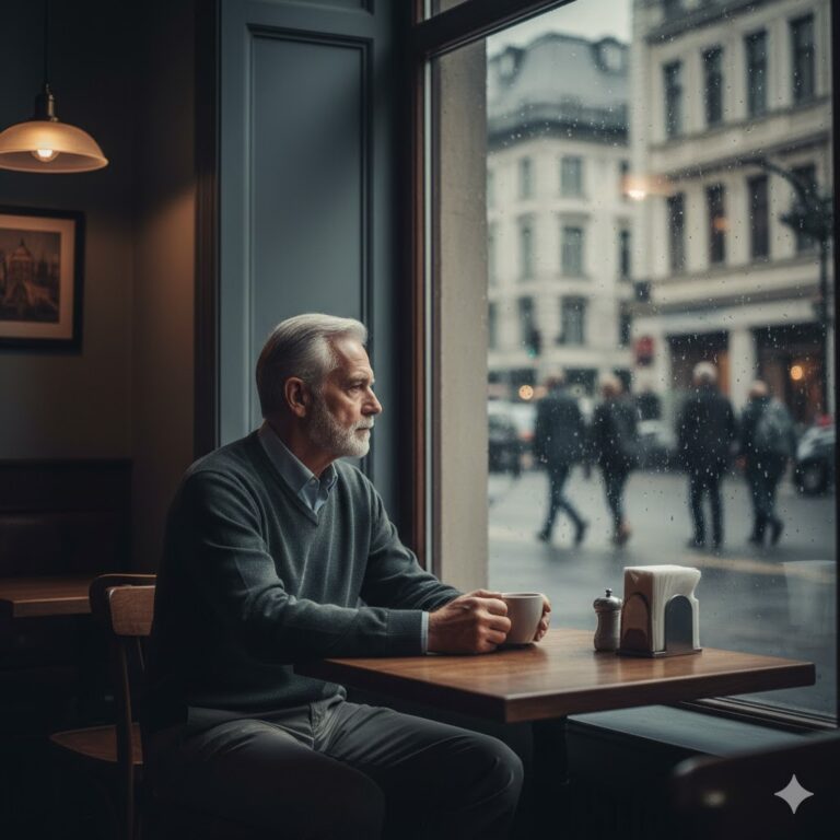 Un hombre mayor pensativo sentado solo en un café mirando por la ventana.