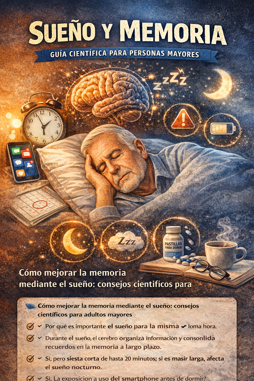 Ilustración digital que muestra la relación entre el sueño y la memoria en personas mayores, con cerebro, reloj, almohada y símbolos de descanso.