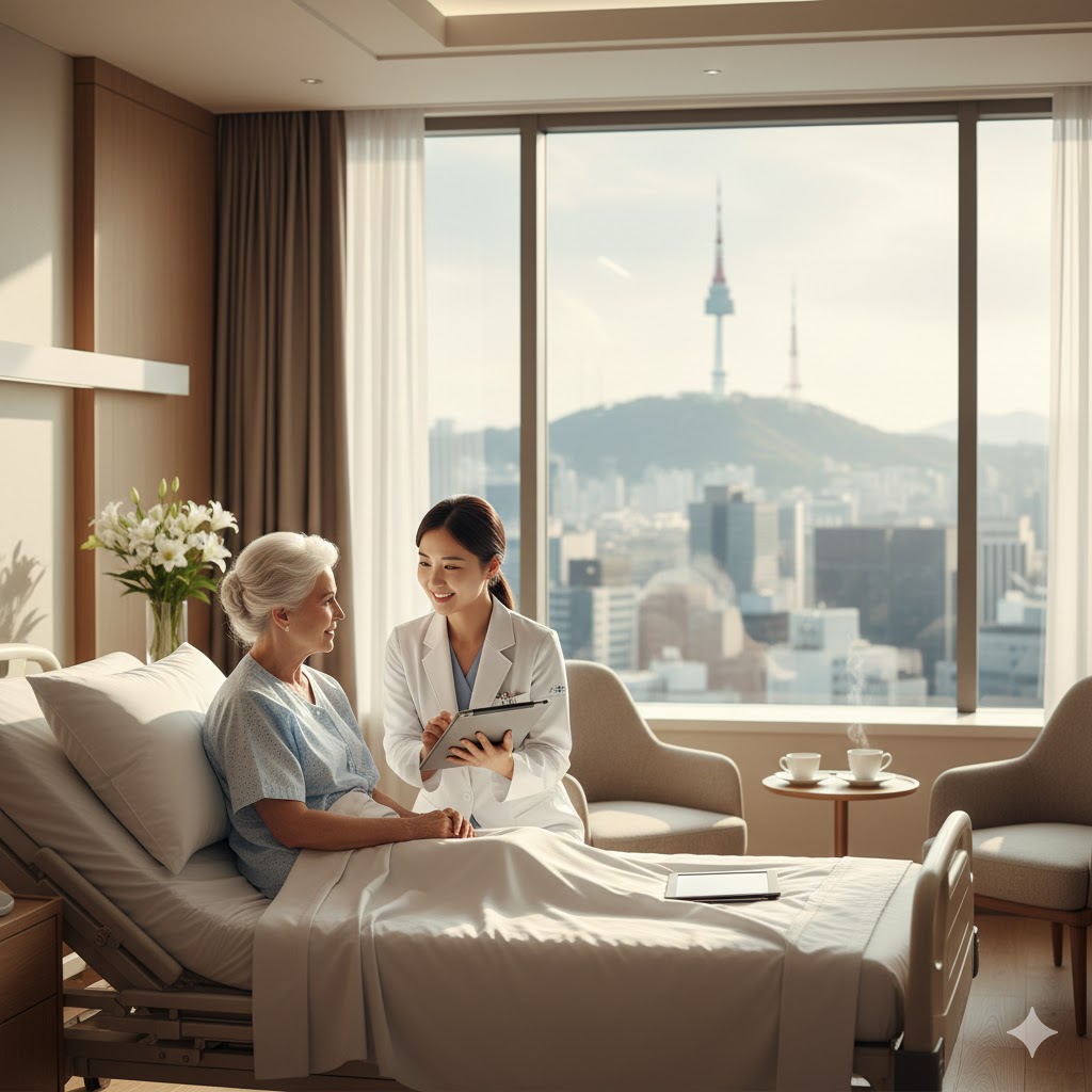 Una paciente senior en una habitación de hospital privada de lujo en Seúl, ideal para el Turismo médico en Corea.