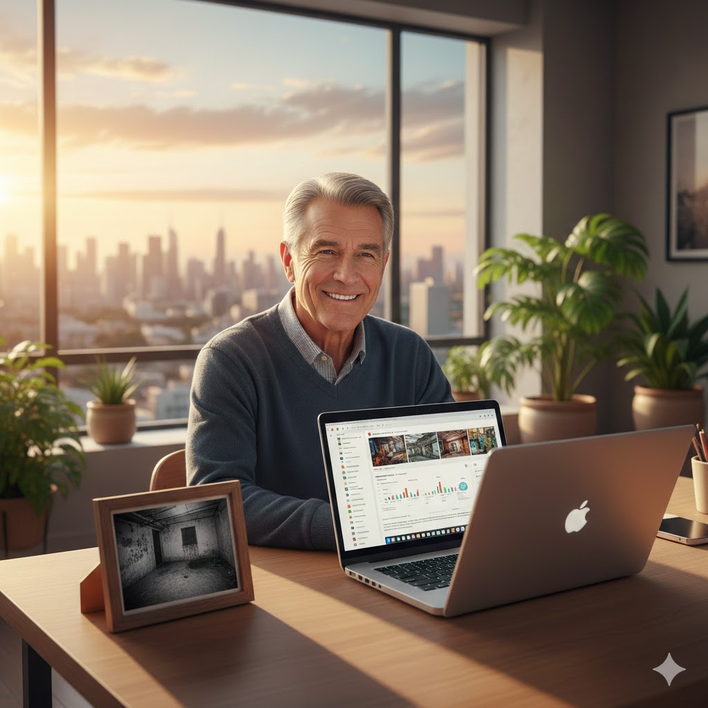 Un hombre de 75 años sonriendo mientras trabaja en su laptop con WordPress, representando la vida después de los 70.