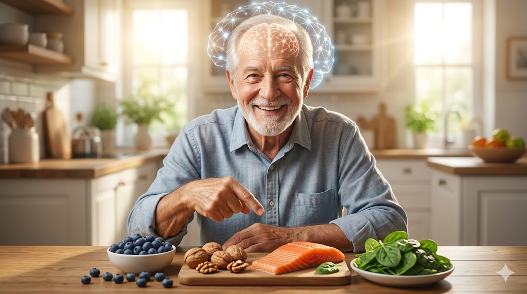 Sr. Pérez mostrando alimentos para la salud del cerebro como arándanos, nueces y salmón para mejorar la memoria