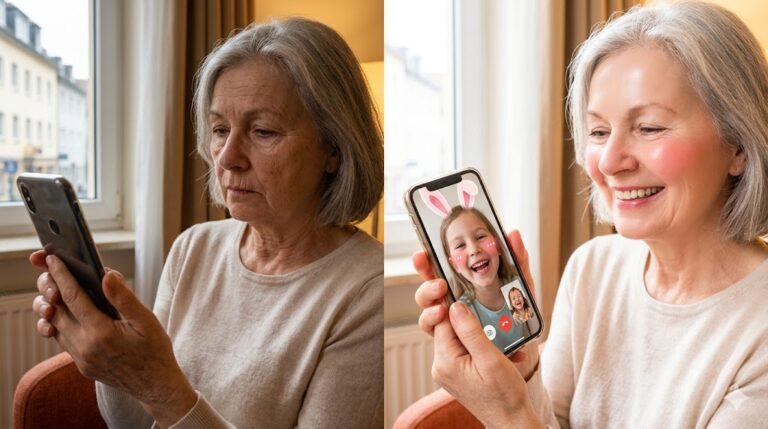 Guía para personas mayores sobre cómo lucir 10 años más joven en videollamadas con nietos usando filtros de belleza en el celular. Se muestra una comparación de una abuela antes (cansada en un hotel de Alemania) y después (radiante y con filtro de perrito en la pantalla).