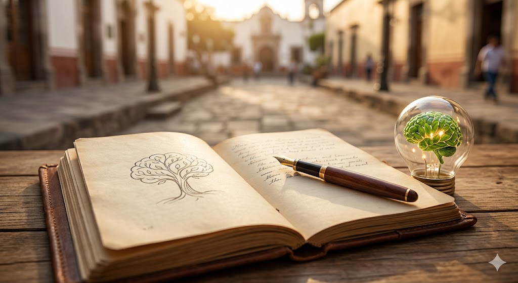 Un cuaderno vintage y una pluma estilográfica en una mesa de madera con una bombilla que contiene un cerebro de hojas verdes, representando cómo mejorar la memoria a los 60 mediante la escritura.