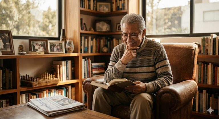 Un hombre mayor en México leyendo tranquilamente, ilustrando la diferencia entre olvido normal y demencia a los 60 años en 2026