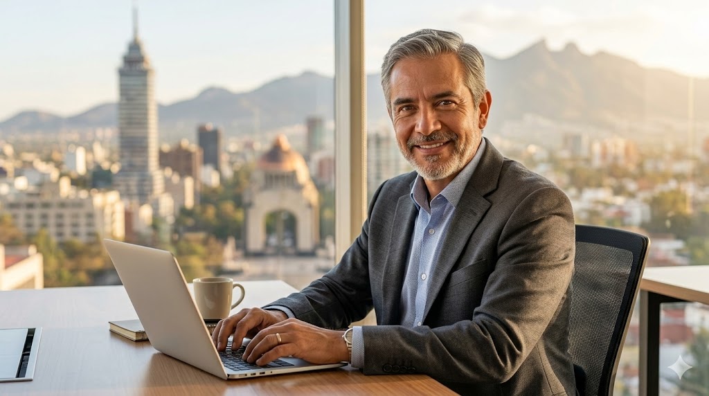 Un hombre emprendedor senior mexicano sonriendo frente a su laptop en una oficina con vista a la Ciudad de México, representando el éxito de emprender a los 50.