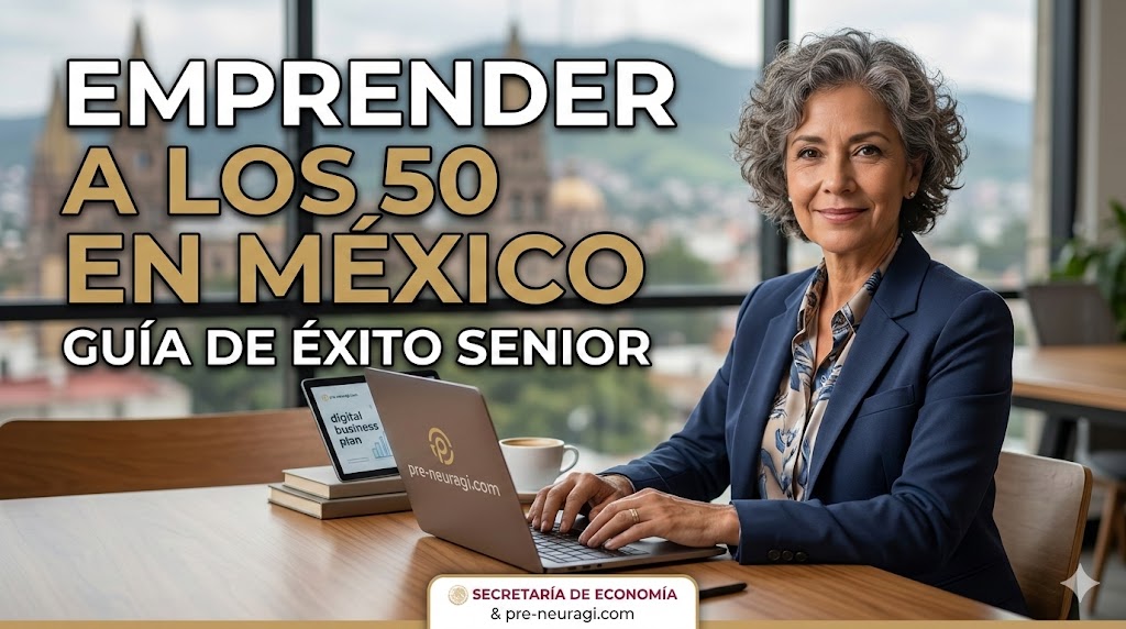 Una mujer emprendedora senior en México trabajando con su laptop frente a una vista urbana de la Ciudad de México, representando el éxito de emprender a los 50.