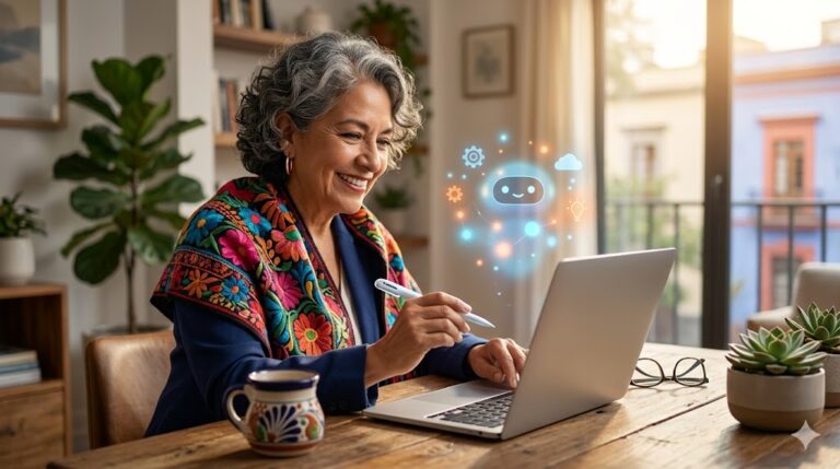 Una mujer emprendedora senior en México utilizando una computadora portátil con asistencia de inteligencia artificial para su negocio.
