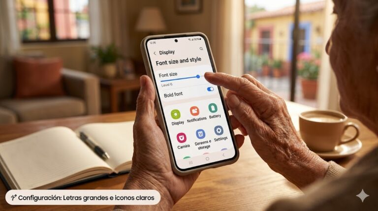 Una persona mayor ajustando el tamaño de letra grande en la pantalla de su celular Android para mejorar la visibilidad visual