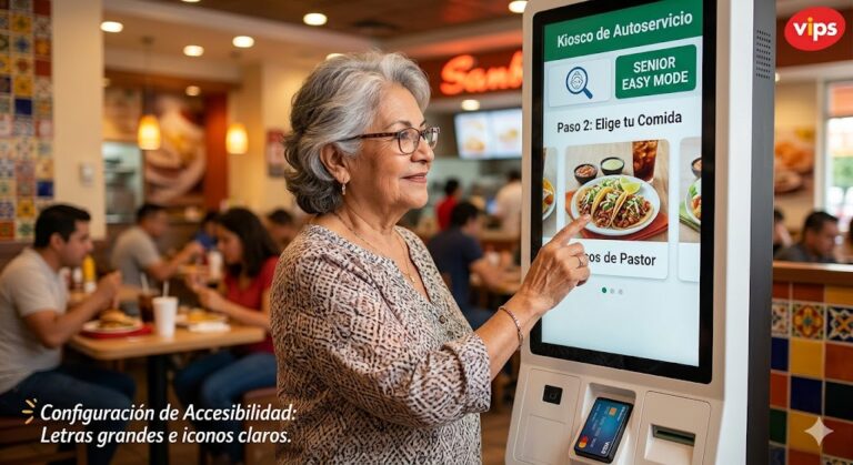 Una mujer mayor en México usando con confianza un kiosco de autoservicio con pantalla de accesibilidad para adultos mayores en 2026