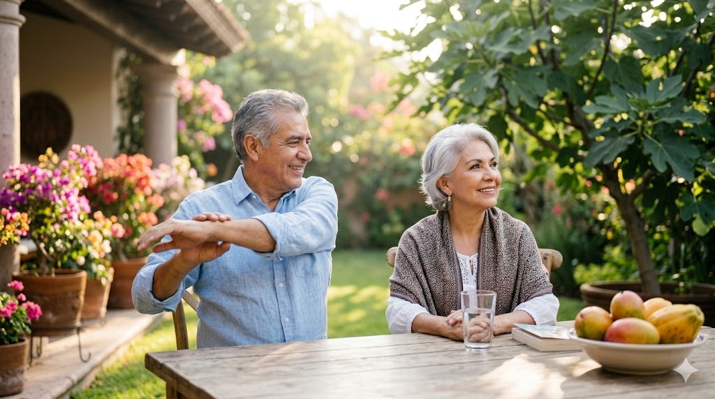 Una pareja senior mexicana disfrutando de un estilo de vida activo y saludable en un patio soleado, representando rutinas de bienestar para adultos mayores.