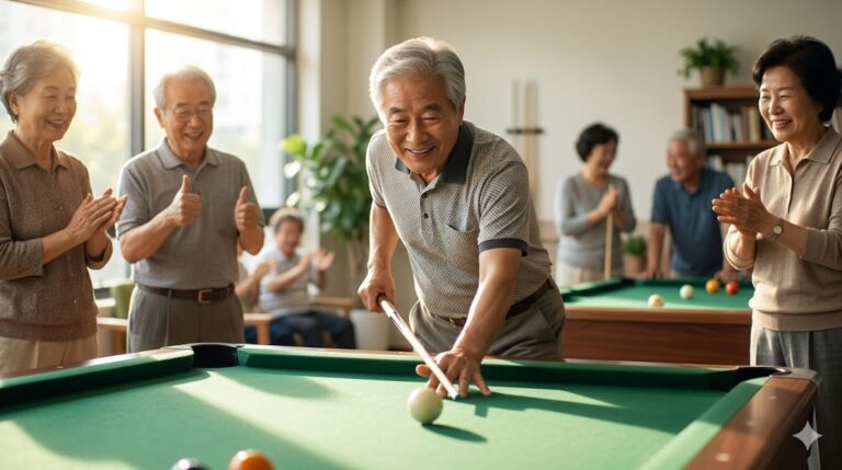 Un hombre mayor sonriente jugando al billar con amigos para mejorar la salud cerebral y evitar el sedentarismo