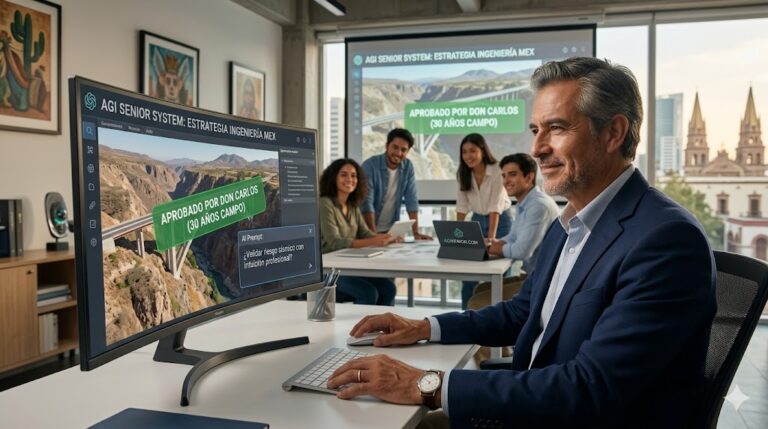 Don Carlos, un ingeniero senior con 30 años de experiencia en México, validando con confianza un proyecto de ingeniería compleja sugerido por un sistema AGI, demostrando la superioridad del juicio humano en la era de la IA.