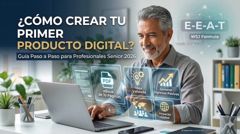 Un profesional senior sentado frente a su laptop creando su primer producto digital, con iconos de eBook de 10 páginas, validación de ideas y generación de ingresos pasivos.