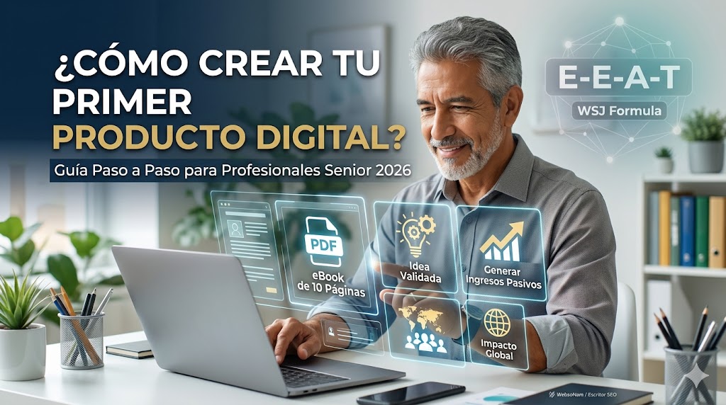 Un profesional senior sentado frente a su laptop creando su primer producto digital, con iconos de eBook de 10 páginas, validación de ideas y generación de ingresos pasivos.