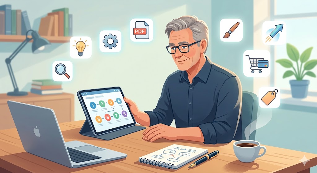 Ilustración moderna y cálida de un hombre senior sentado profesionalmente en su escritorio, mirando una tableta que muestra un mapa de ruta de 8 pasos. Alrededor de él flotan iconos digitales que representan pasos como una idea, validación, diseño y lanzamiento. Estilo de ilustración digital.