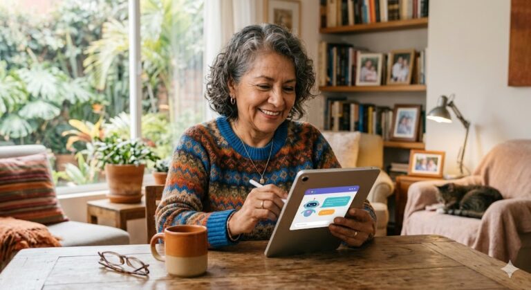 Mujer senior sonriendo mientras usa una tableta para hablar con un asistente de IA en casa.
