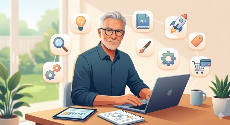 Ilustración moderna y motivadora de un hombre senior con gafas y cabello canoso, sentado sonriendo profesionalmente frente a una computadora portátil en una oficina moderna. Alrededor de él flotan iconos digitales que representan sabiduría, creación y éxito: una bombilla, engranajes, un eBook, una brocha, un cohete lanzándose, una etiqueta de precio y un carrito de compras. Estilo de ilustración digital limpia en tonos cálidos y azules.