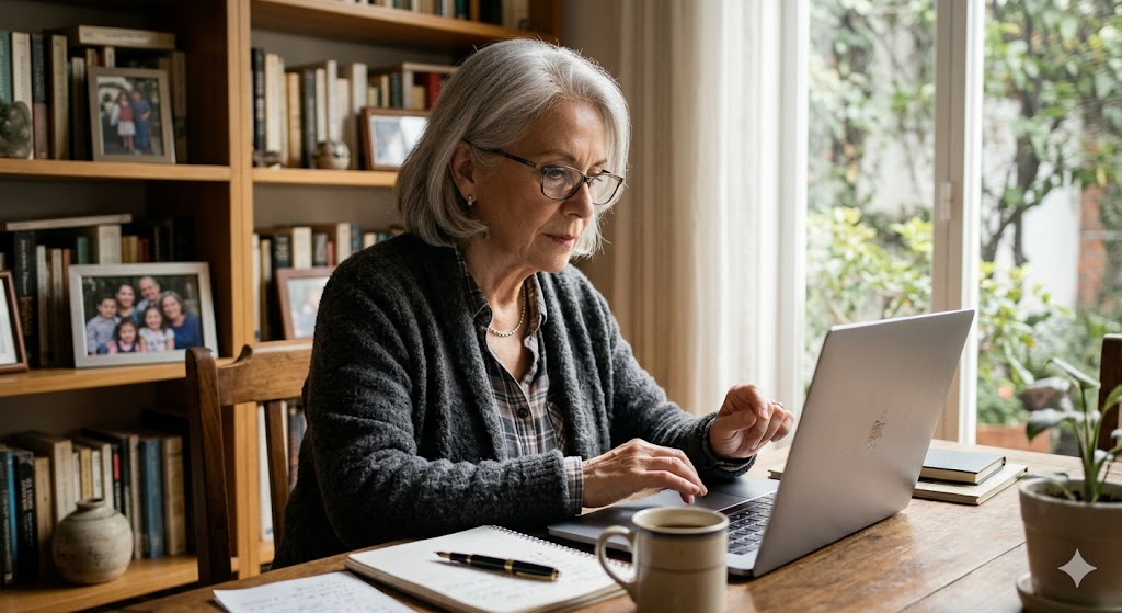 Una mujer senior profesional con lentes trabajando concentrada en su laptop desde una oficina en casa con estanterías de libros, representando cómo monetizar tu sabiduría.