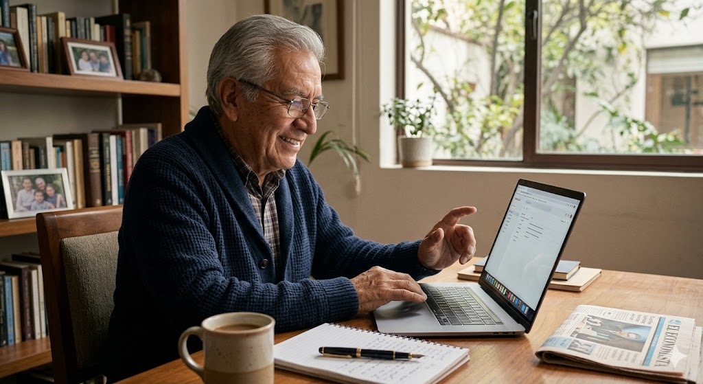 Un profesional senior sonriente en su oficina en casa de la Ciudad de México, utilizando una laptop para gestionar su estrategia de Marketing de Newsletter.