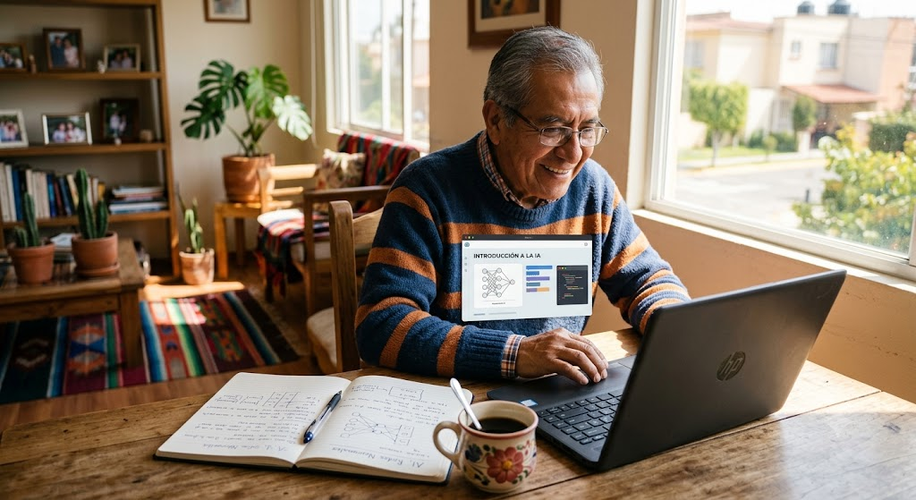 Adulto mayor aprendiendo inteligencia artificial desde casa con una computadora portátil y tomando notas en un ambiente tranquilo.