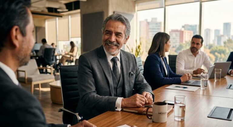 Un profesional senior sonriendo en una reunión de negocios en México, ilustrando la optimización de perfil de LinkedIn para Talento Senior.