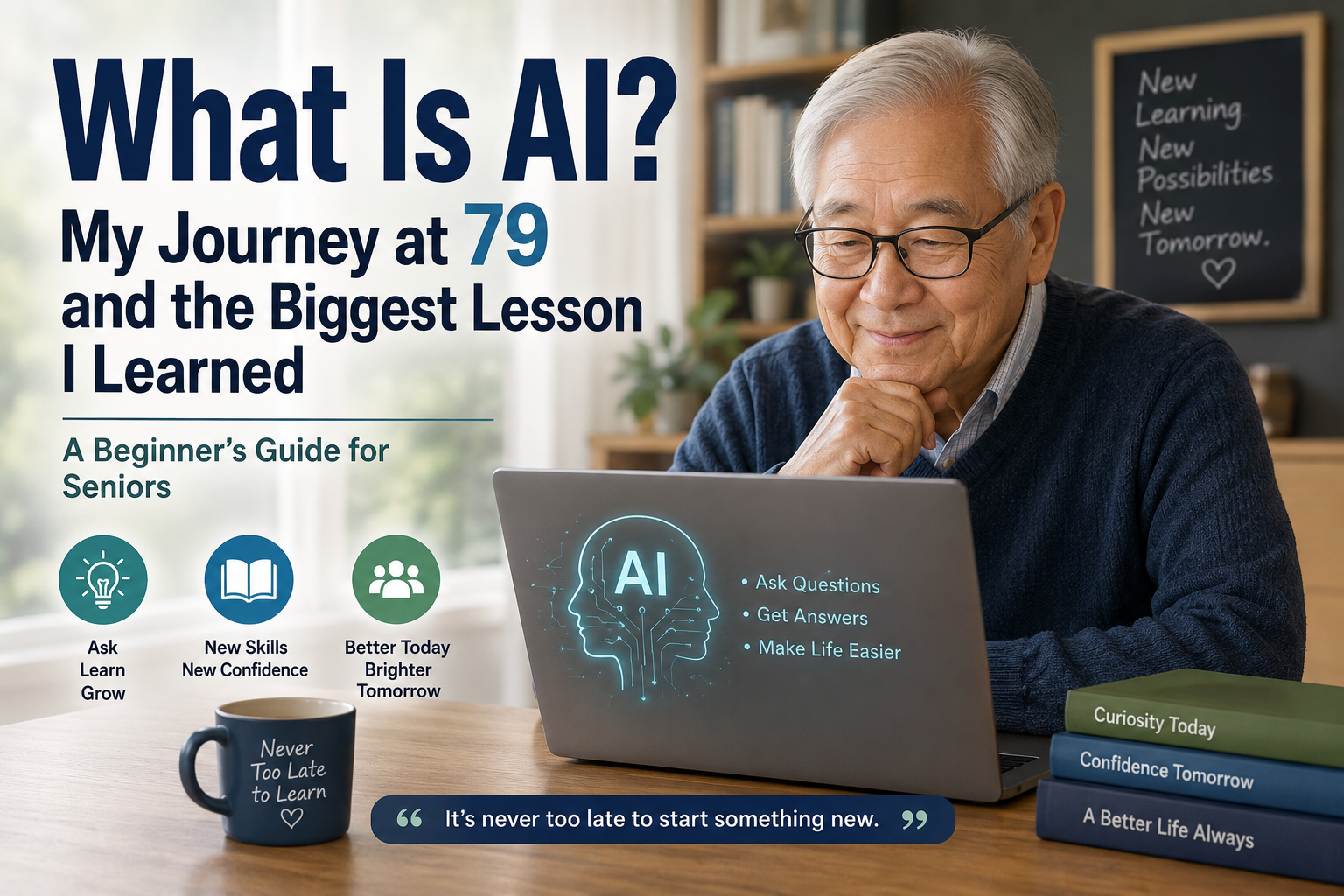 A 79-year-old senior learning artificial intelligence for the first time using ChatGPT on a laptop at home.
