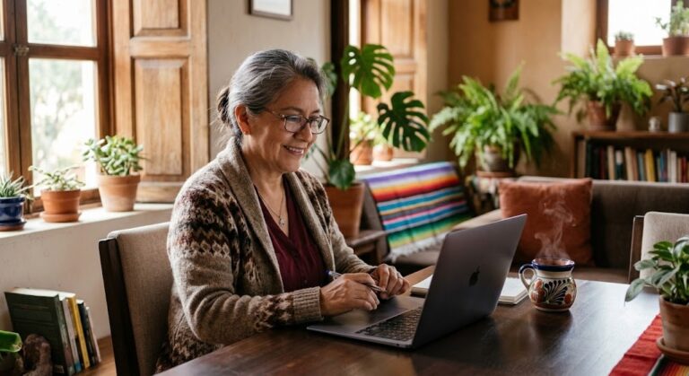 Una mujer adulta mayor sonriendo mientras trabaja desde casa con su computadora portátil en una sala acogedora en México, representando el empleo senior y cómo ganar dinero desde casa.