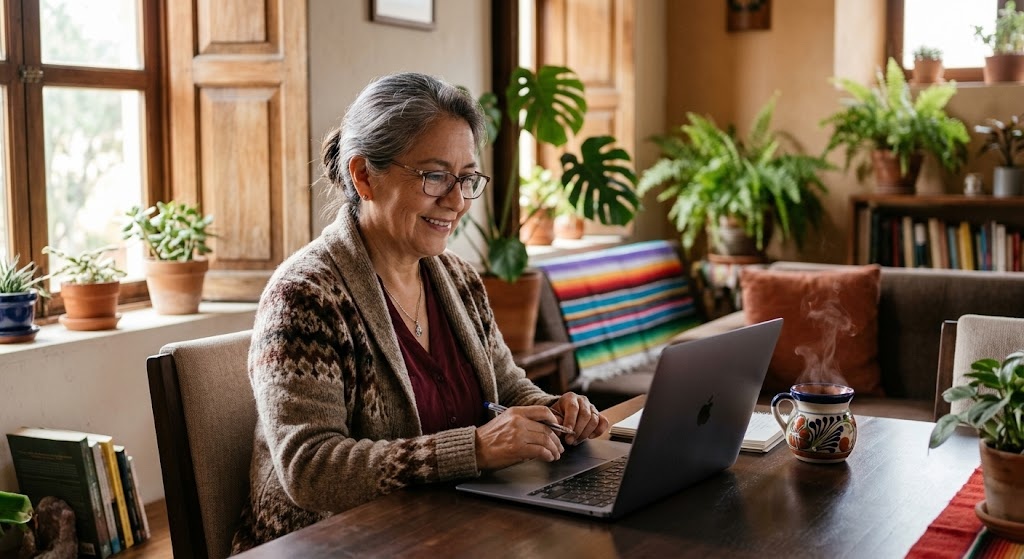 Una mujer adulta mayor sonriendo mientras trabaja desde casa con su computadora portátil en una sala acogedora en México, representando el empleo senior y cómo ganar dinero desde casa.