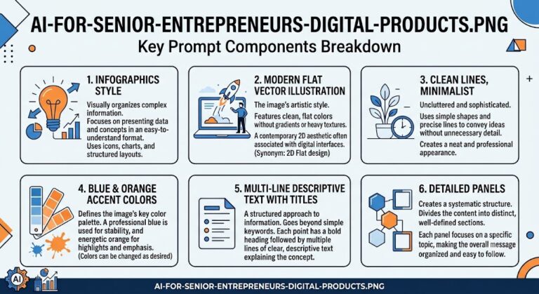 A cheerful senior entrepreneur working at a sunlit desk with a laptop and digital tablet, reviewing low-cost high-profit digital product workflows.