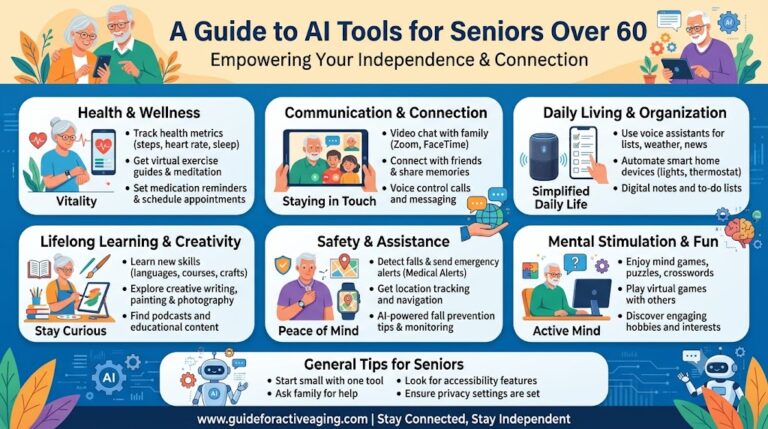 An active senior over 60 comfortably using simple AI tools on a laptop in a bright home office.